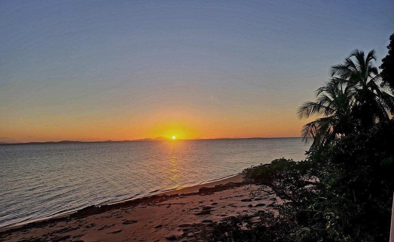 Beach scene with sunset over calm waters and tropical foliage in silhouette.
